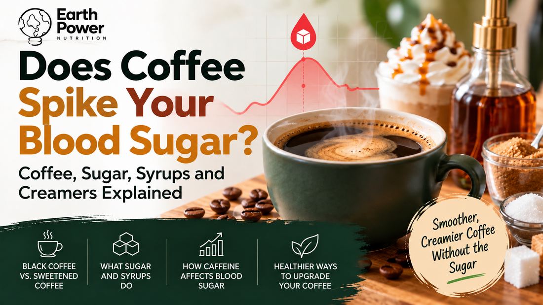 Does coffee spike your blood sugar? Earth Power Nutrition guide to coffee, caffeine, sugar and syrups.