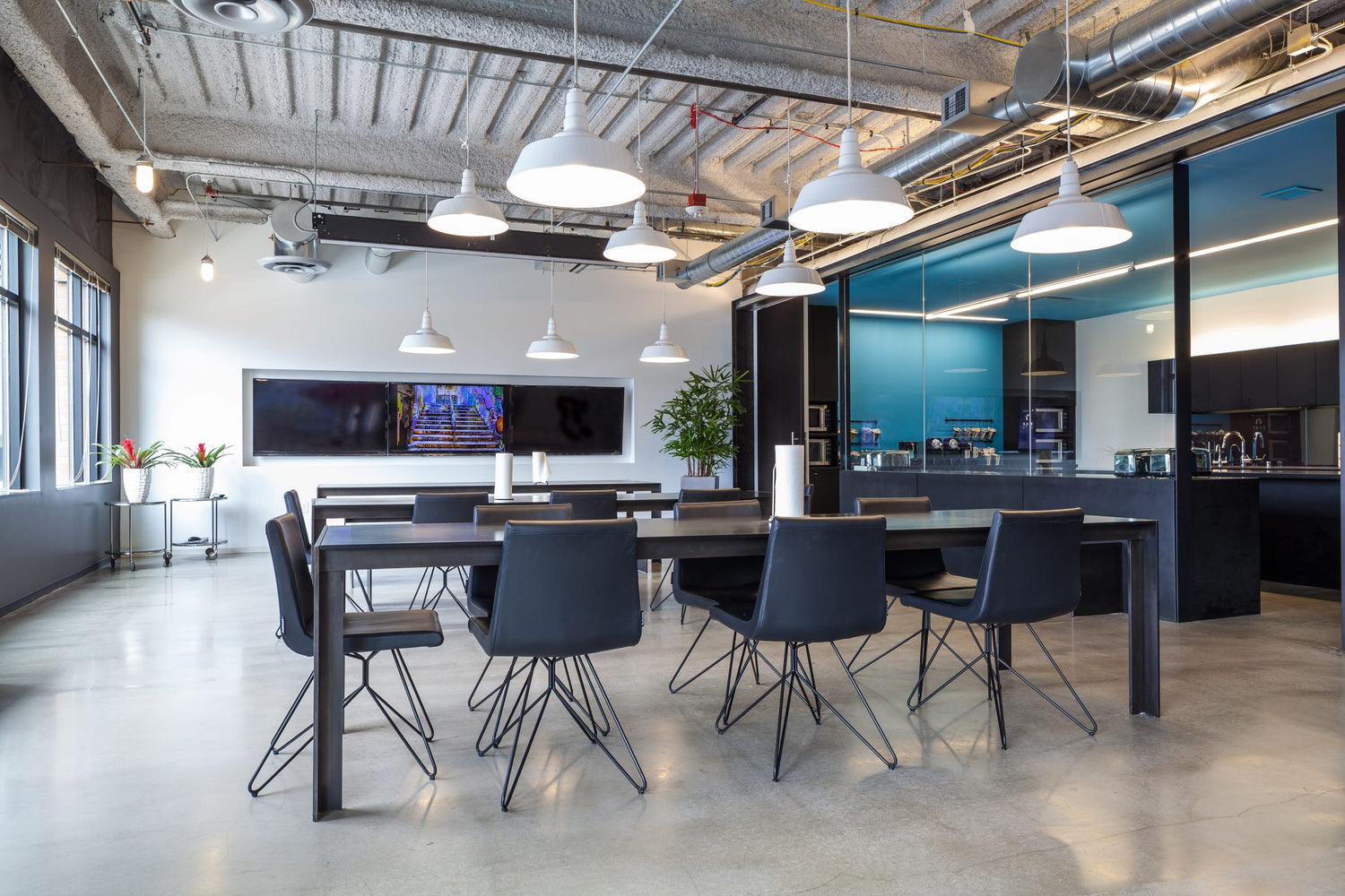 Tables in open office dining area
